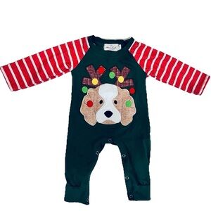 Marie Nicole Green & Red Stripes Embroidered Puppy Romper 0-3 Months
